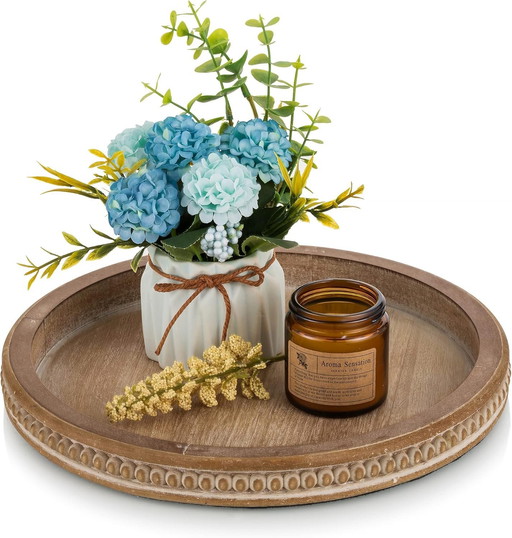Hanobe Wood Decorative Tray Round: Vintage Beaded Coffee Table Tray Rustic Circle Wooden