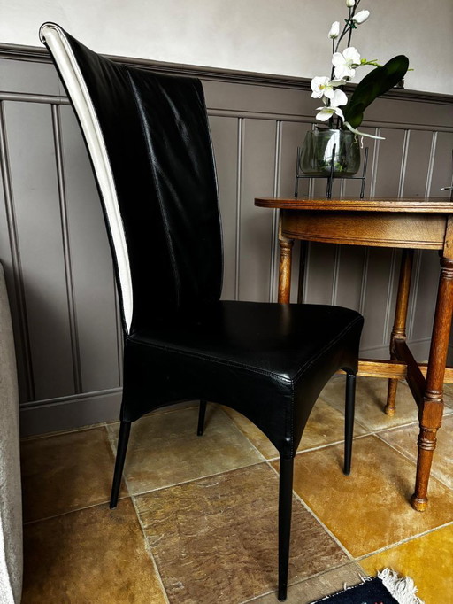 Set van 8 Luxe Designer Eetkamerstoelen - Zwart Kalfsleer met Beige Accent