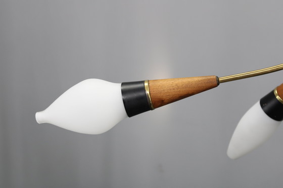 Image 1 of Lustre en laiton et teck en verre opalin Rupert Nikoll, Autriche, années 1960
