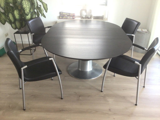 Design eetkamer stoelen rvs frame zwart leren bekleding