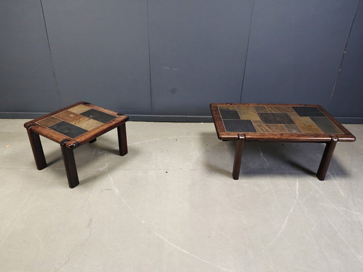Pair of wooden and slate stone coffee tables by Dyrlund, 1960s 