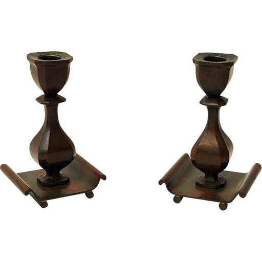 Paire de bougeoirs en bronze rustique vintage par Sune Bäckström, Suède 1930