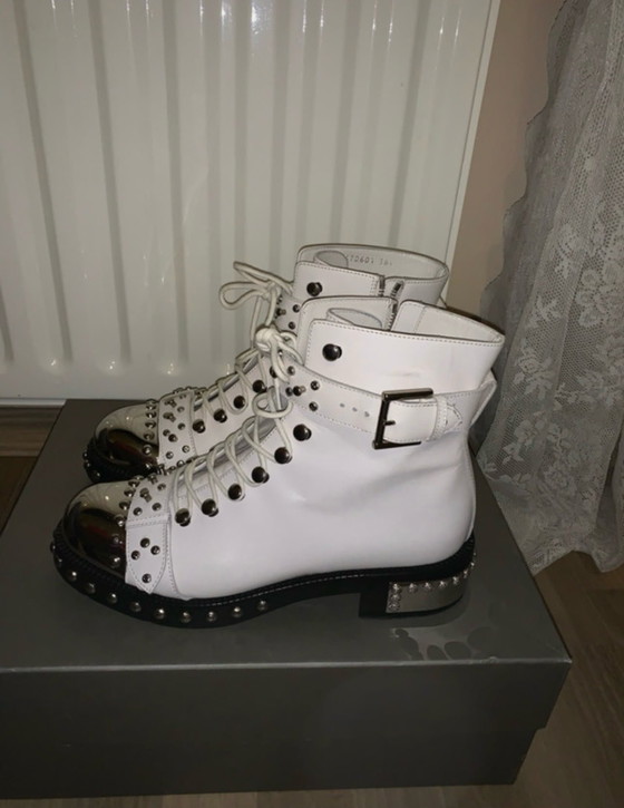 Image 1 of Alexander McQueen Hobnail Studded Leather Boots – Ivory White – Size 38.5