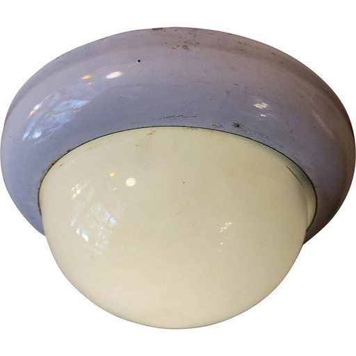 Vintage plafondlamp in opaline glas en wit geëmailleerd plaatstaal voor Gal, 1940