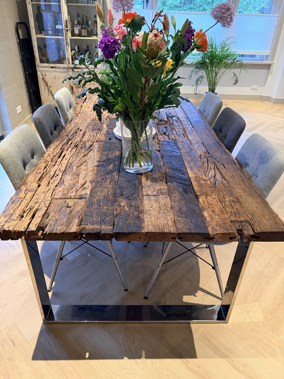 Image 1 of Wooden (ship's wood treated) dining table with stainless steel base