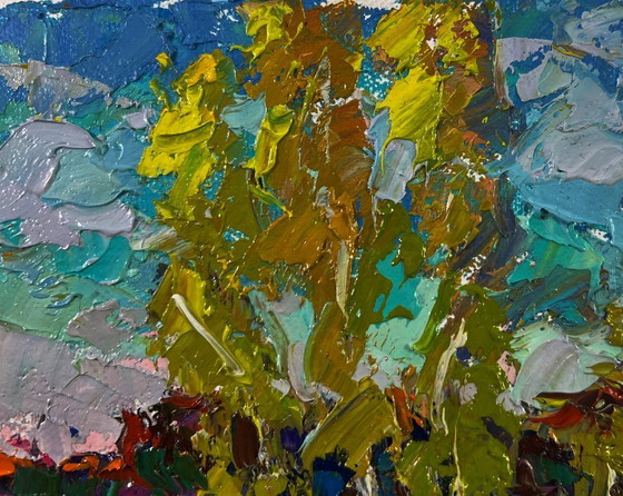 Image 1 of Original Oil Painting Summer River Landscape The first leaves reflected in the water