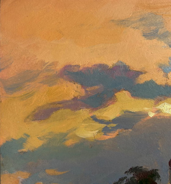 Image 1 of Original Oil Painting Evening Coastal The last rays over the temple