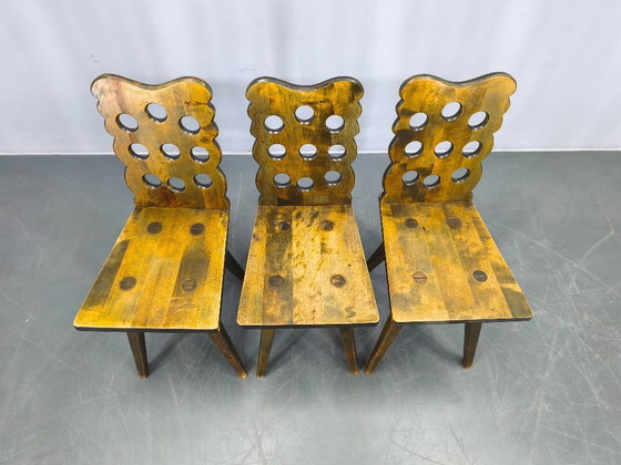 Image 1 of Set of 3 Brutalist Wooden Chairs, Czechoslovakia, 1950s