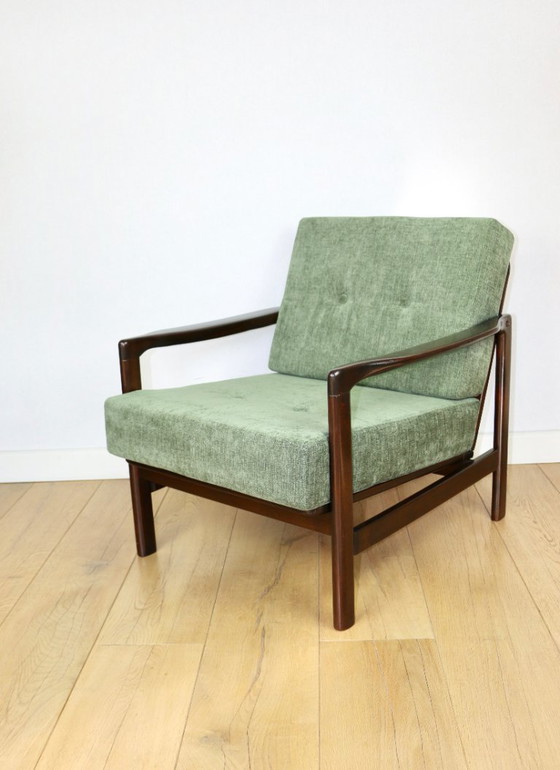 Image 1 of Vintage brown wooden armchair green-olive jeans design by Z. Bączyk - 2 pieces available