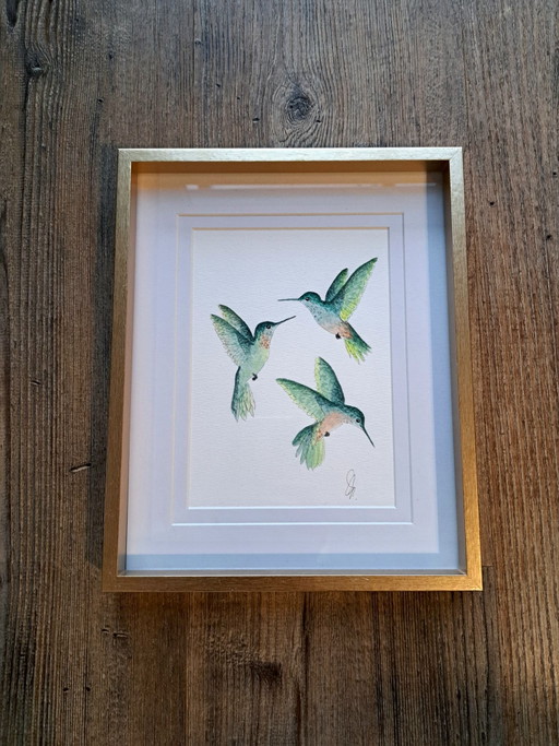 Pintura acuarela Colibríes Verde con naranja | Con marco I I