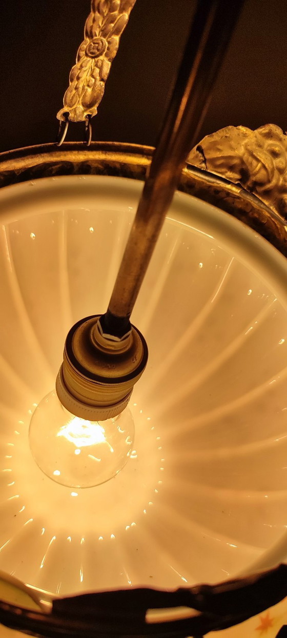 Image 1 of Art Nouveau plafondlamp van messing en glas. Spanje, jaren 1930.