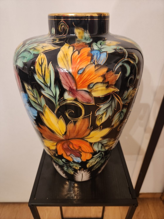Image 1 of Large Vintage Art Deco Style Vase - Hubert Bequet - Black with Hand-Painted