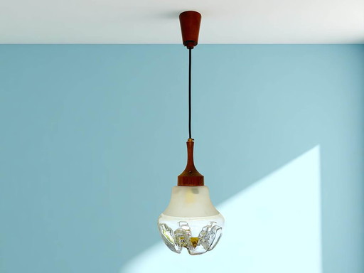 Mid Century hanging lamp in wood and art glass in style of Mazzega, 1960s