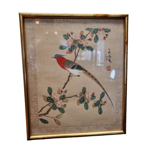Vintage Chinese painting on silk bird