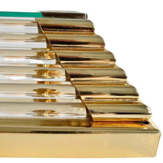 Image 1 of Lámpara de araña cuadrada de mediados de siglo, de cristal y latón, estilo Hollywood Regency, década de 1970