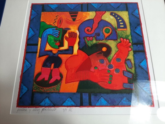 Image 1 of Clemens Briels. Zeefdruk, Titel  is "pantine y alerg perdundo". 