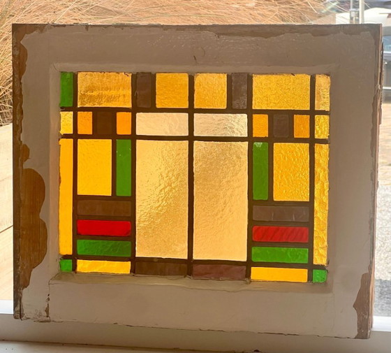 Original Art Deco Stained Glass Window (approx. 1920) in Original Wooden Frame – The Hague – Glass art (photo 4 of 5)