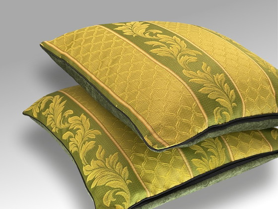 Image 1 of Rubelli – Neues 2er-Set – Grün-goldenes Barockblattmotiv