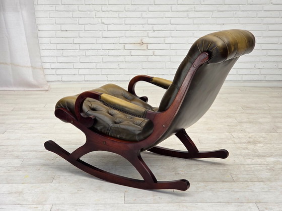 Image 1 of Anni '50, sedia a dondolo Chesterfield, pelle verde originale, legno di teak.