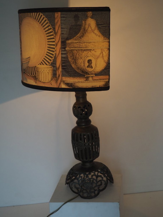 Image 1 of Large Filagree bronze table lamp/shadow Fornasetti fabric
