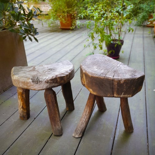 Pair of Brutalist tripod stools in grey pine. France, 50s