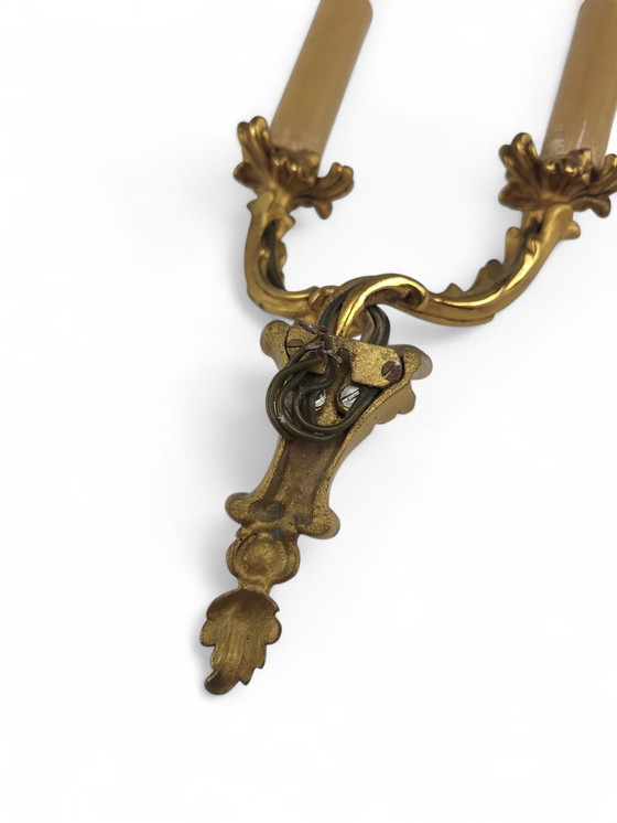 Image 1 of Ancienne applique en laiton à 2 flammes Support de bougie Rococo