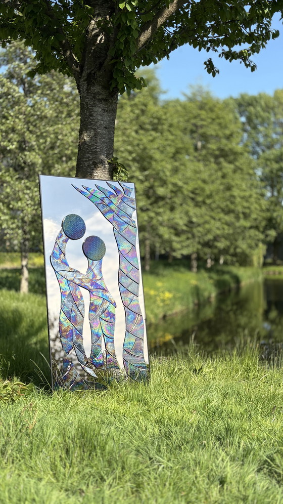 Image 1 of Specchio da toeletta a terra, opera d'arte realizzata a mano in vetro fumé e vetro ad olio a forma di palma