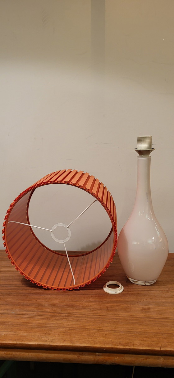 Image 1 of Vintage white glass table lamp with red shade