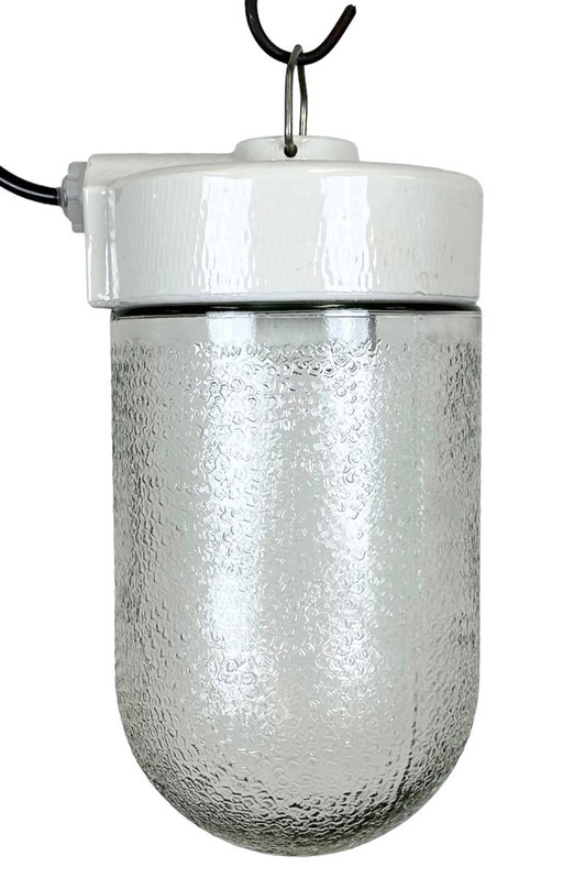 Lámpara colgante vintage de porcelana blanca con cristal esmerilado, años 70