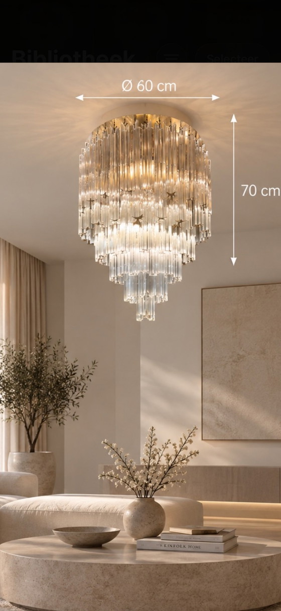 Vintage Italian Cris Big Crystal Chandelier, 1970s – Ø 60 cm – Gold (photo 2 of 9)