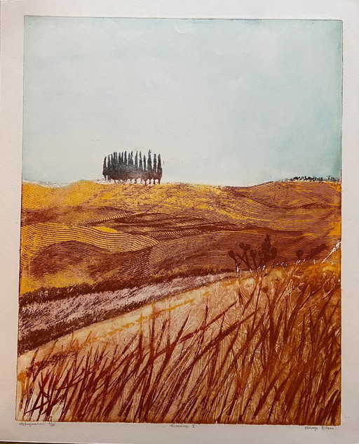 Margo Ellen-Toskana. Zypressen. Farbradierung