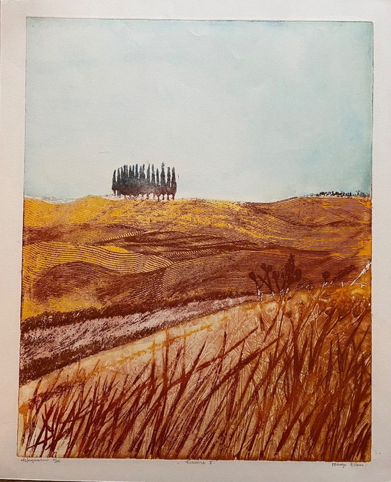 Image 1 of Margo Ellen- Toscane. Cyprès. Gravure en couleur