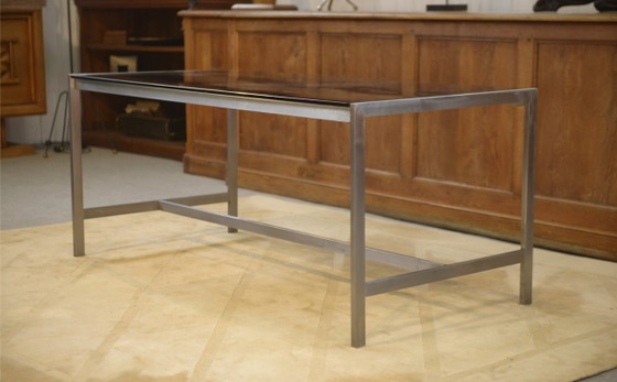 Image 1 of Scrivania di design in acciaio inox spazzolato e vetro fumé nero, anni '80