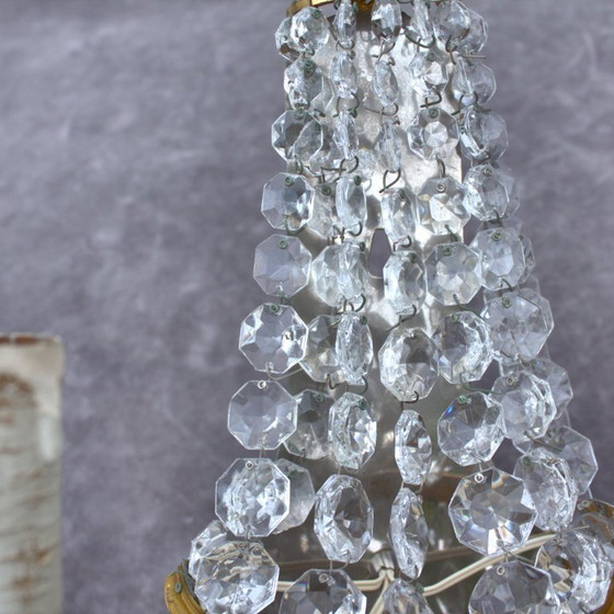 Image 1 of Antique set of 2 gilded brass sconces with crystal cutted drops romantic home decor from France