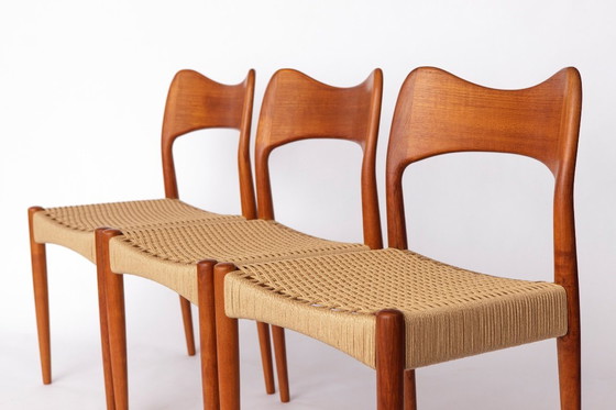 Image 1 of Set of 4 Danish Dining Chairs by Arne Hovmand-Olsen for Mogens Kold, 1960s Mid Century Teak Chairs with Danish Cord Seats