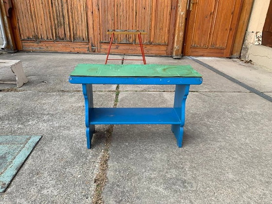 Banc en bois ancien peint en bleu – Plastique (photo 2 of 4)