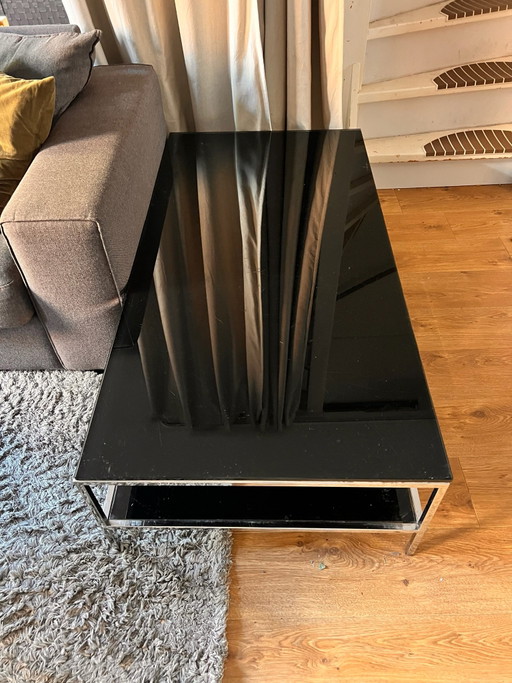 Vintage design coffee table – black glass and silver-colored frame – 80s style
