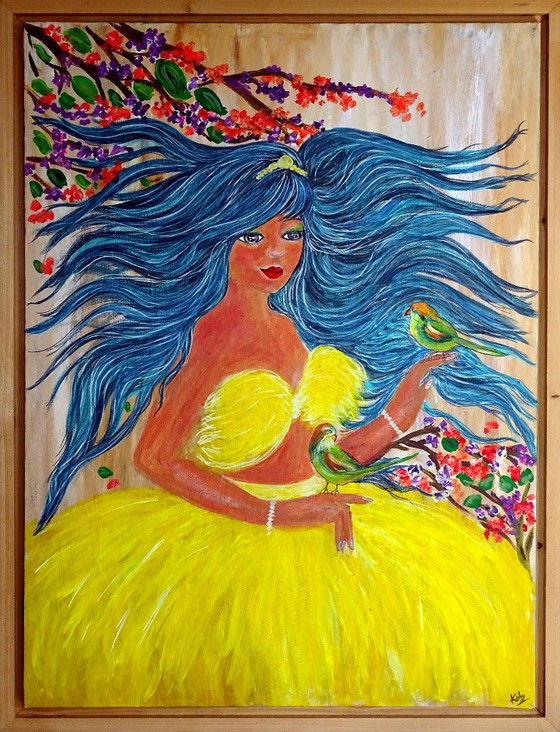 Gemälde Frau mit blauen Haaren und Vögeln, Gemälde & Zeichnungen, Holz, Leinwand, Gelb, Figuratief (Foto 2 von 10)