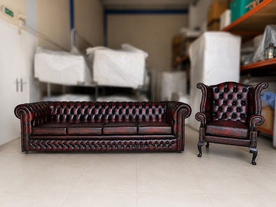 Ossenbloedrode Chesterfield 4-zitsbank met oorfauteuil – 3-5 zitsbanken, Leather (photo 10 of 10)