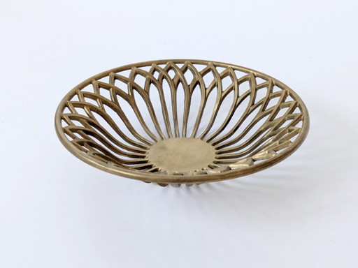 1960s Midcentury Openwork Floral Decorative Bowl, Heavy Solid Brass Centerpiece