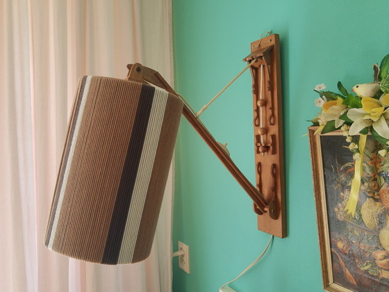 Image 1 of Unique original 70s 3-position fold-out wooden wall lamp with original lampshade