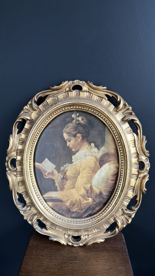 Prachtige vintage ovale lijst met reproductie – Fragonard – La Liseuse / Young Girl Reading – decoratieve objecten, Silk