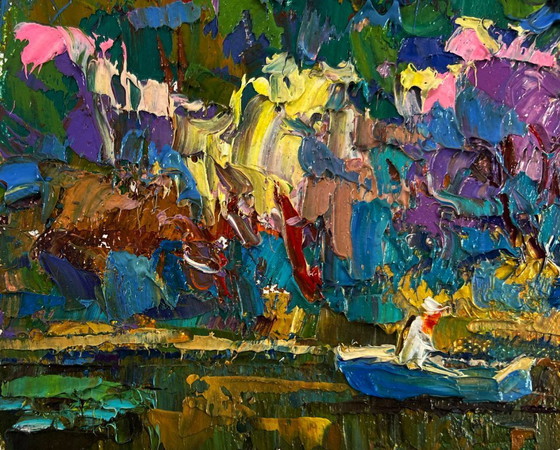 Image 1 of Original Oil Painting Evening Church Landscape Melody through the rural silence