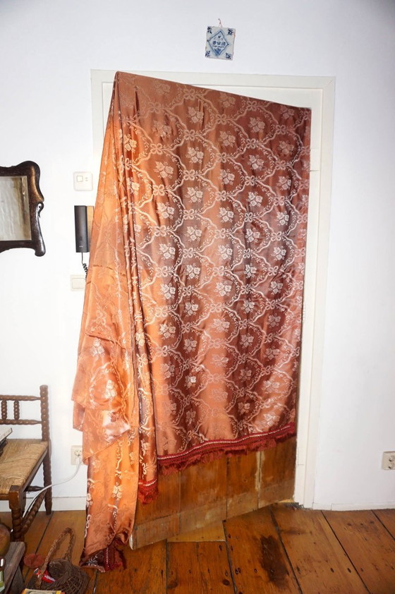 Image 1 of vintage italian silk jacquard bedspread * rose brown damask * floral brocade coverlet