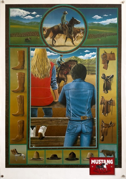 Vaqueros y chaquetas Mustang "Caballo" – c. década de 1980 – Póster original vintage A1 | 84,1 × 59,4 cm | Alemania