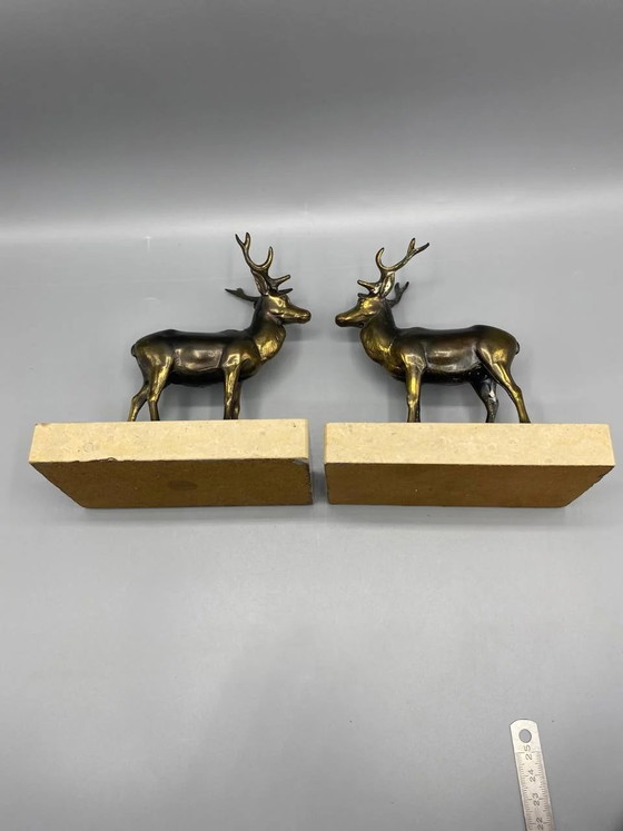 2 Bronzed Spelter Deer Bookends on Marble Base, Art Deco Animal – Sculpture (photo 6 of 8)
