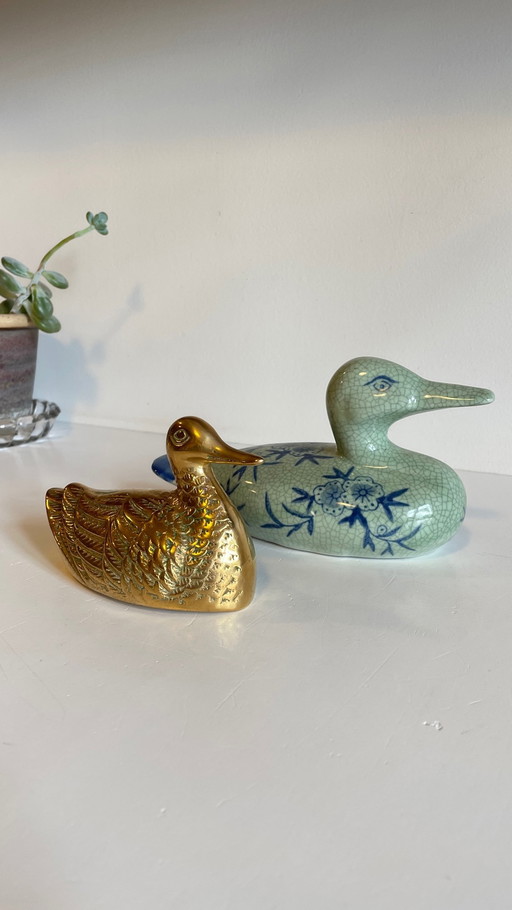 Duo De Canards En Ceramique Et Laiton Vintage Français