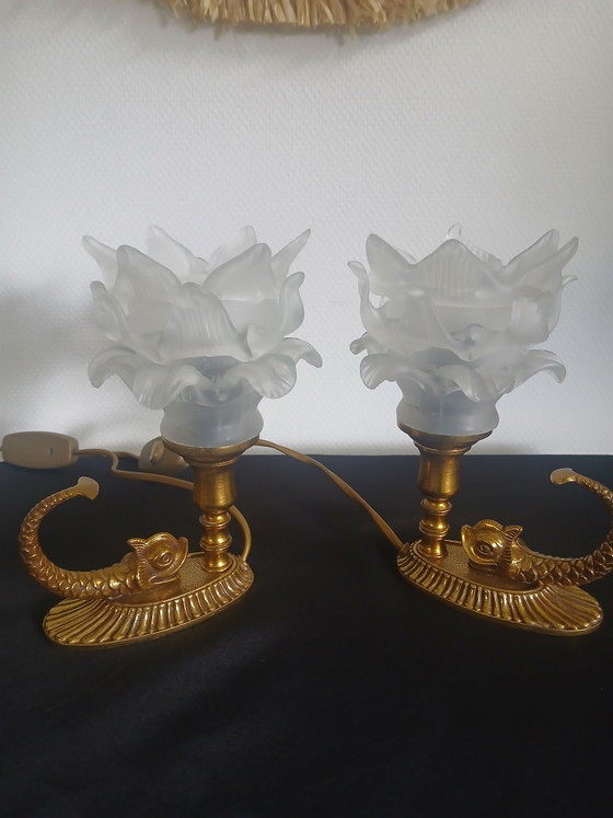 Image 1 of Pair of tulip-shaped dolphin lamps.