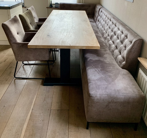 Eethoek met hoekbank& stoelen suède leer