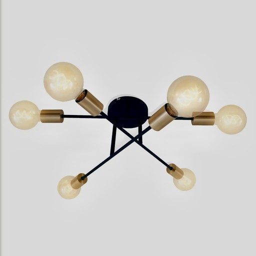 Set van 2 Design Plafondlampen "Pale", Roteerbaar, in Zwart met Gouden Accenten en 6 Lichtpunten